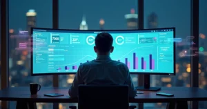 Executivo analisa painel digital com gráfico de previsibilidade de vendas B2B