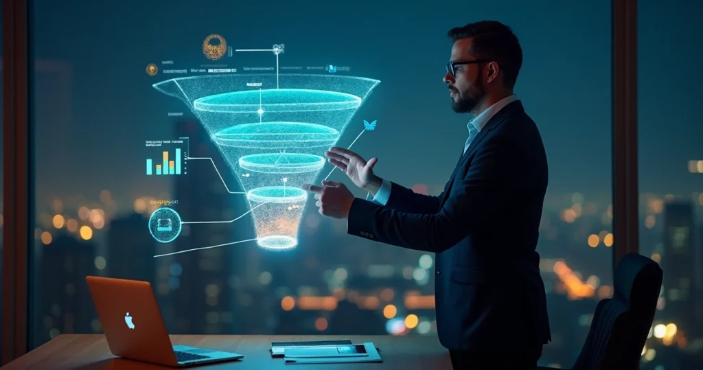 Executivo analisa funil de vendas B2B digital em um painel holográfico