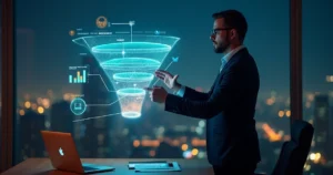 Executivo analisa funil de vendas B2B digital em um painel holográfico