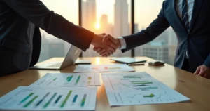 Reunião B2B mostrando parceiros apertando as mãos sobre tabela com gráficos de resultados de longo prazo