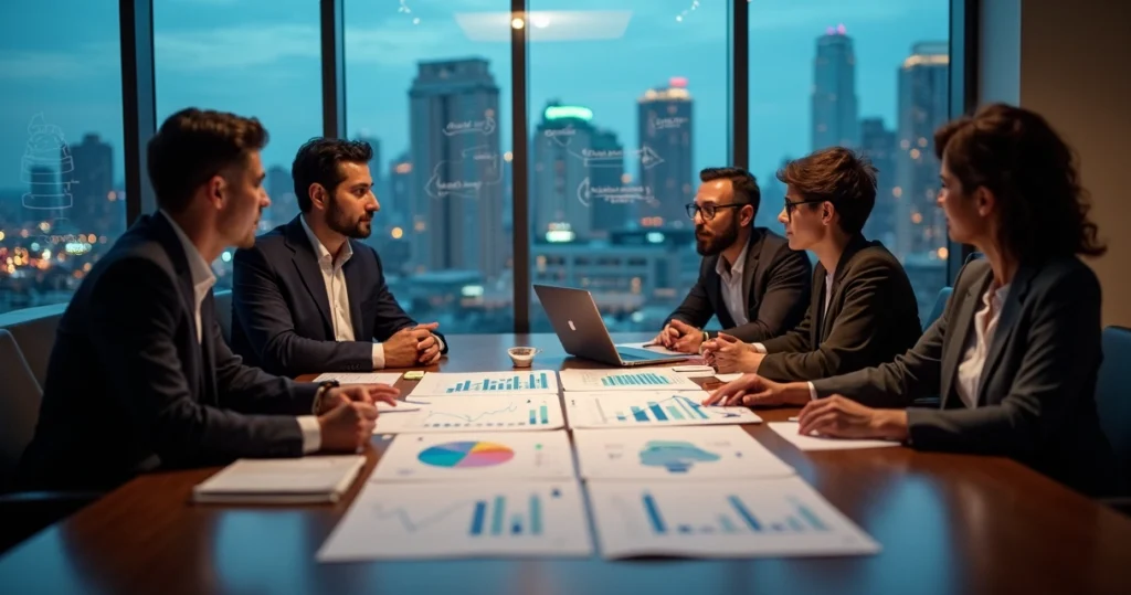 Mesa de reunião com equipe B2B colaborando em gráficos de retenção de clientes