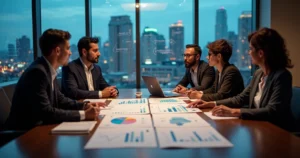 Mesa de reunião com equipe B2B colaborando em gráficos de retenção de clientes