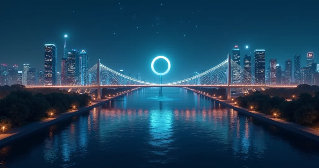 Ponte iluminada conectando ilhas com ícones de marketing e vendas