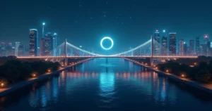 Ponte iluminada conectando ilhas com ícones de marketing e vendas